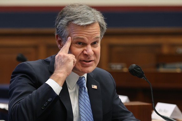 epa08676435 Federal Bureau of Investigation Director Christopher Wray testifies before the House Homeland Security Committee during a hearing on &#039;worldwide threats to the homeland&#039; in the Ra ...