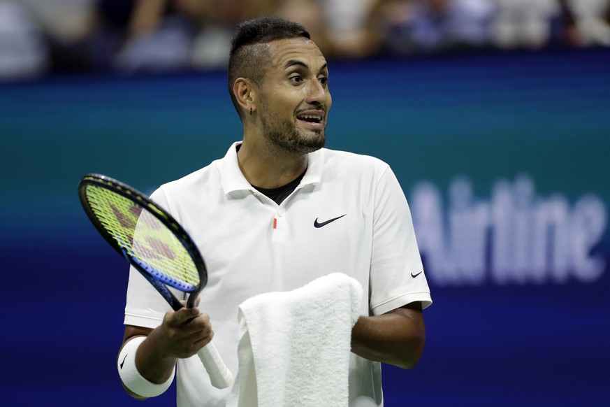 Nick Kyrgios, of Australia, reacts against Andrey Rublev, of Russia, during the third round of the U.S. Open tennis tournament, Saturday, Aug. 31, 2019, in New York. (AP Photo/Adam Hunger)