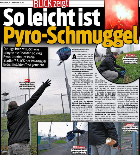 2014: Der Blick zeigt der Schweiz, wie einfach man Pyros ins Stadion schmuggeln kann.