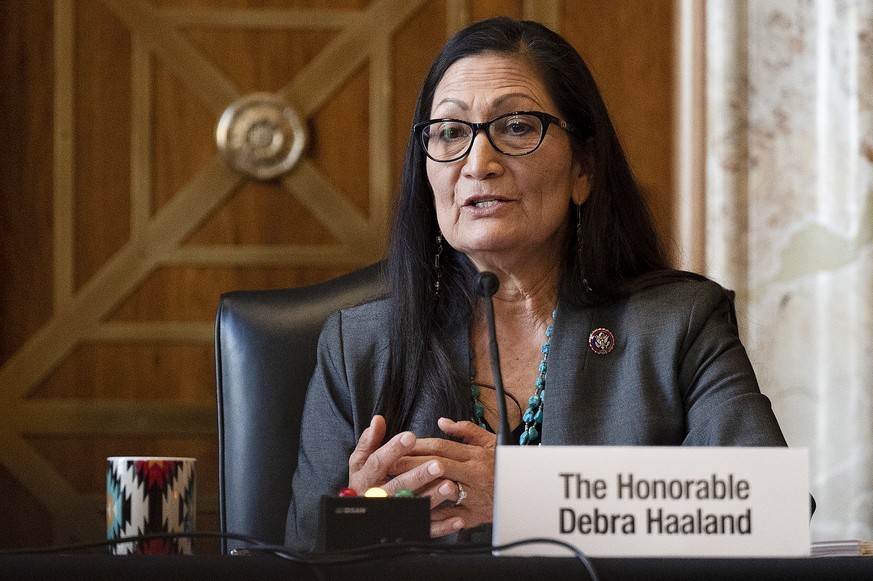 FILE - In this Feb. 23, 2021, file photo Interior Secretary nominee Rep. Deb Haaland, D-N.M., speaks during her confirmation hearing on Capitol Hill in Washington. On March 15, the Senate confirmed he ...