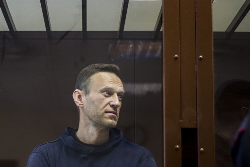 In this photo provided by the Babuskinsky District Court, Russian opposition leader Alexei Navalny stands in a cage during a hearing on his charges for defamation, in the Babuskinsky District Court in ...