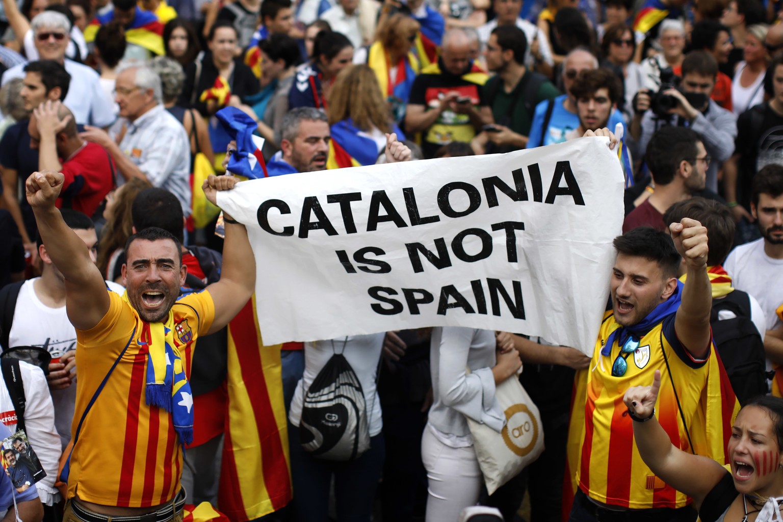 People react as they celebrate the unilateral declaration of independence of Catalonia outside the Catalan Parliament, in Barcelona, Spain, Friday, Oct. 27, 2017. Catalonias&#039; regional Parliament  ...