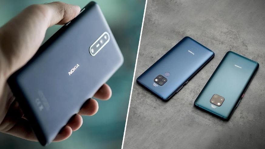 Die Collage zeigt Smartphones von Nokia und Huawei: Der Hersteller HMD Global profitiert von Huaweis derzeitiger Schwäche.