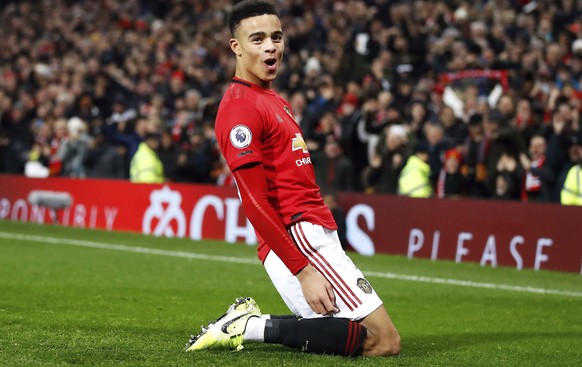 Manchester United&#039;s Mason Greenwood celebrates scoring his side&#039;s second goal of the game during their English Premier League soccer match against Newcastle United at Old Trafford, Mancheste ...