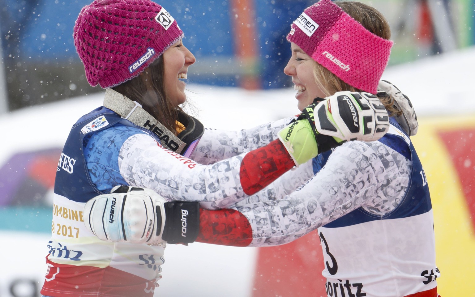 Alpine Skiing - FIS Alpine Skiing World Championships - Women&#039;s Alpine Combined - St. Moritz, Switzerland - 10/2/17 - Wendy Holdener of Switzerland is hugged by silver medalist Michelle Gisin of  ...