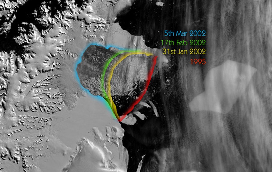 A graphic that shows how the Larsen B Antarctic ice shelf has collapsed from 1995 to the present day, with alarming speed over the recent months. Part of the Larsen B ice shelf in Antarctica, has coll ...