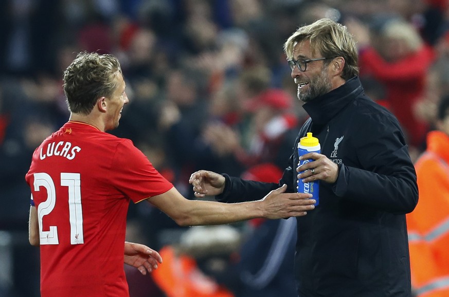 Football Soccer Britain - Liverpool v Tottenham Hotspur - EFL Cup Fourth Round - Anfield - 25/10/16
Liverpool&#039;s Lucas Leiva with Liverpool manager Juergen Klopp 
Action Images via Reuters / Jas ...