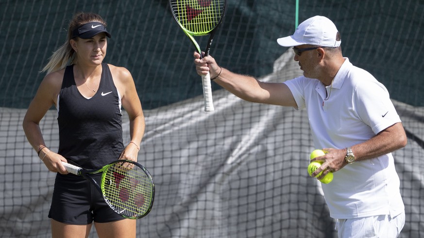 Belinda Bencic of Switzerland and her father Ivan Bencic during a training session at the All England Lawn Tennis Championships in Wimbledon, London, on Friday, June 28, 2019. The Wimbledon Tennis Cha ...