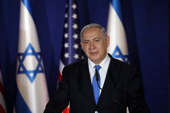 epa07454050 Israeli Prime Minister Benjamin Netanyahu speaks during a visit by US Secretary of State Mike Pompeo at Netanyahu&#039;s official residence in Jerusalem, 21 March 2019. Netanyahu will be h ...