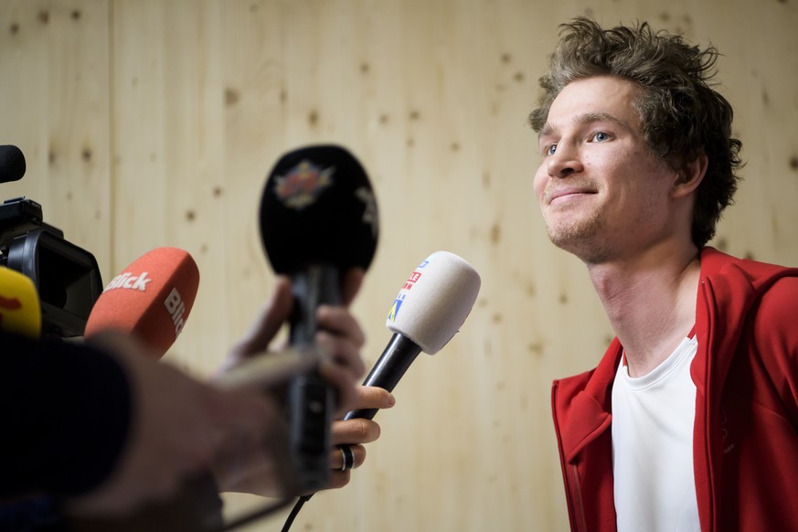 Iouri Podladtchikov snowboarder of Switzerland reacts during a media conference of the Swiss Snowboard Halfpipe team in the House of Switzerland the day of the opening of the XXIII Winter Olympics 201 ...