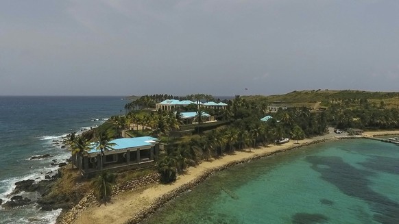 FILE - This July 9, 2019, file photo taken from video, shows an aerial view of Little Saint James Island, in the U. S. Virgin Islands, a property purchased by Jeffery Epstein more than two decades ago ...