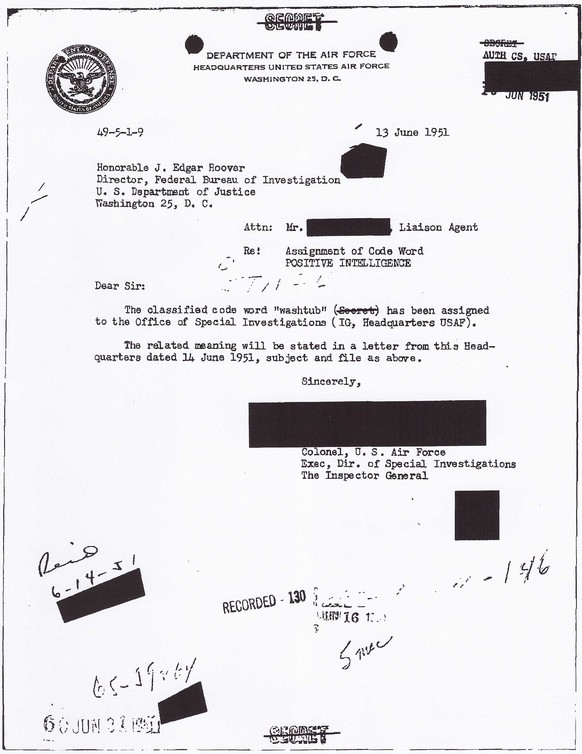 Memo des Militärgeheimdienstes OSI an FBI-Direktor J. Edgar Hoover über die Initiierung des Projekts «Washtub».