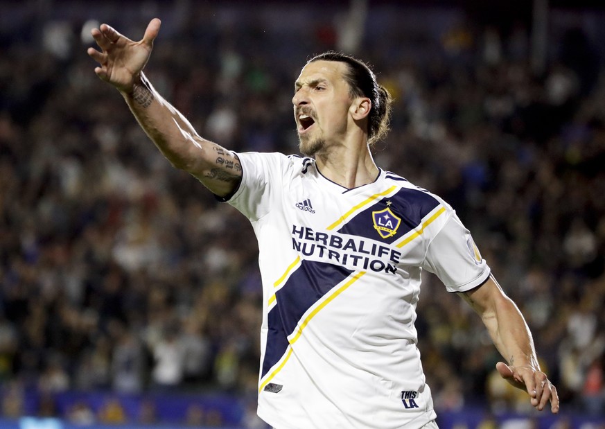 LA Galaxy forward Zlatan Ibrahimovic reacts after his goal was disallowed during the second half of an MLS soccer match against the New York Red Bulls, Saturday, April 28, 2018, in Carson, Calif. The  ...