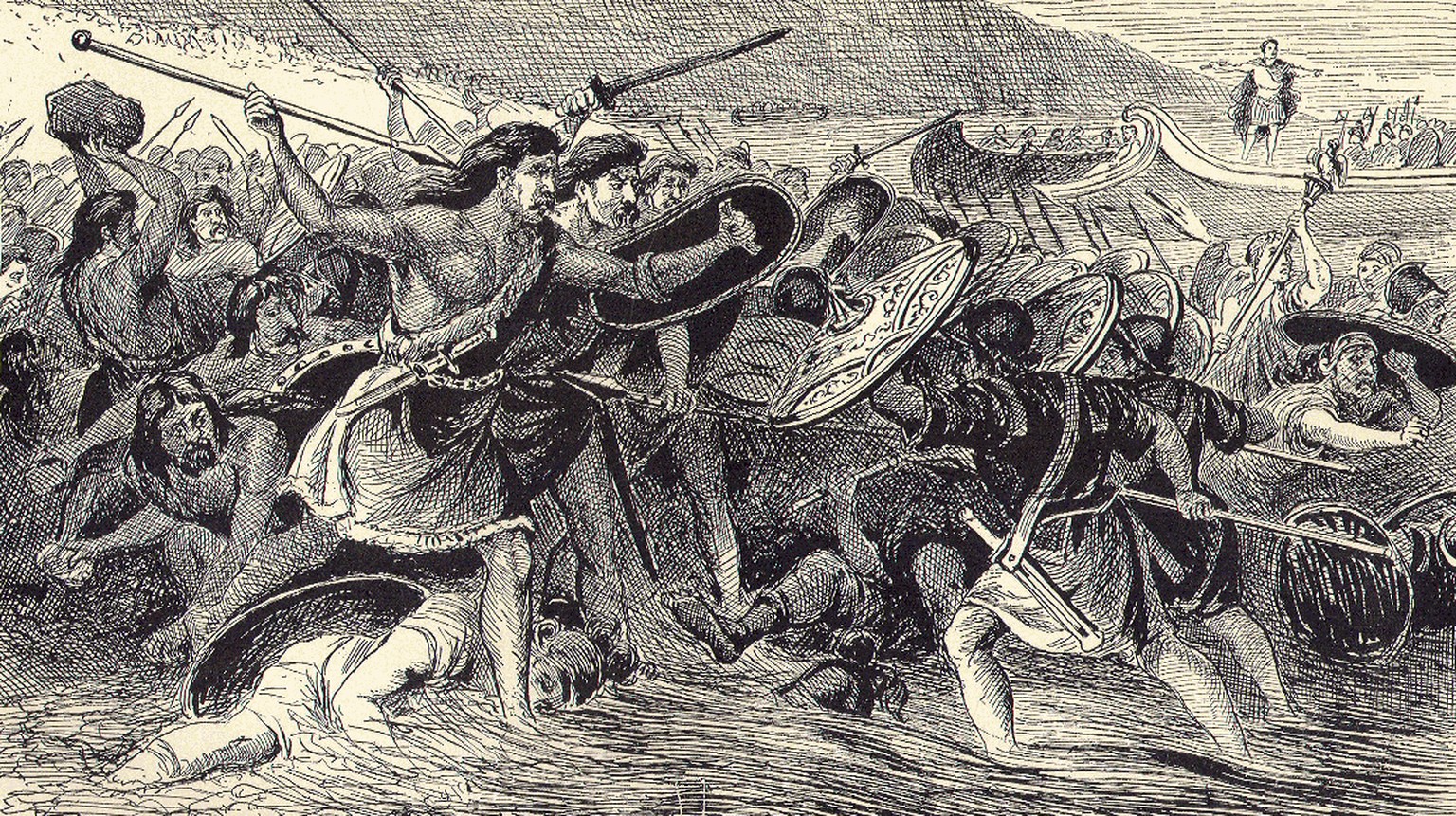 Caesars Landung – hier eine martialische Darstellung davon – blieb noch Episode. Erst 90 Jahre später eroberten die Römer Britannien endgültig.&nbsp;