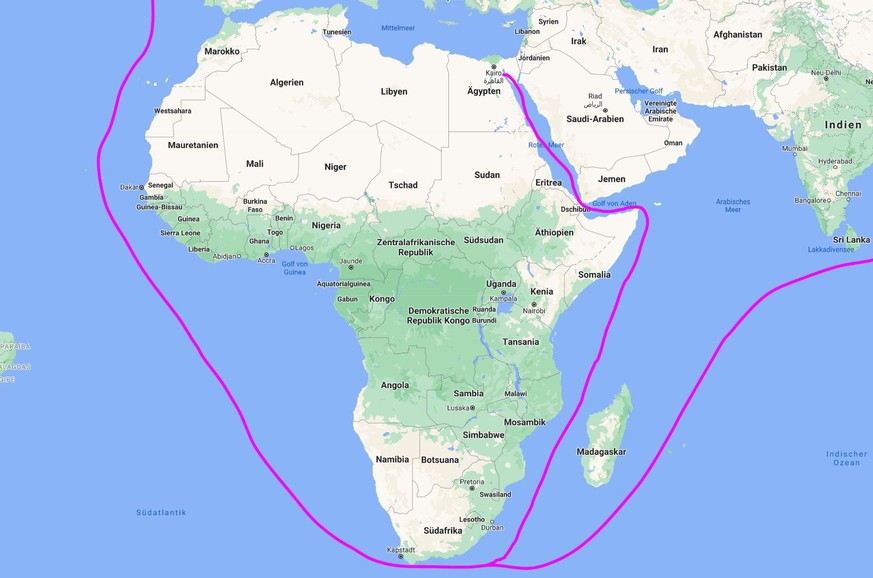Die Karte verdeutlicht den massiven Umweg, den die Schiffe aufgrund des blockierten Suez-Kanals auf sich nehmen müssen