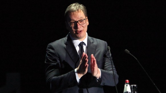 epa07461280 President of Serbia Aleksandar Vucic addresses the audience during the ceremony marking the 20th anniversary of the NATO bombing campaign of the former Yugoslavia in the center of Nis, Ser ...