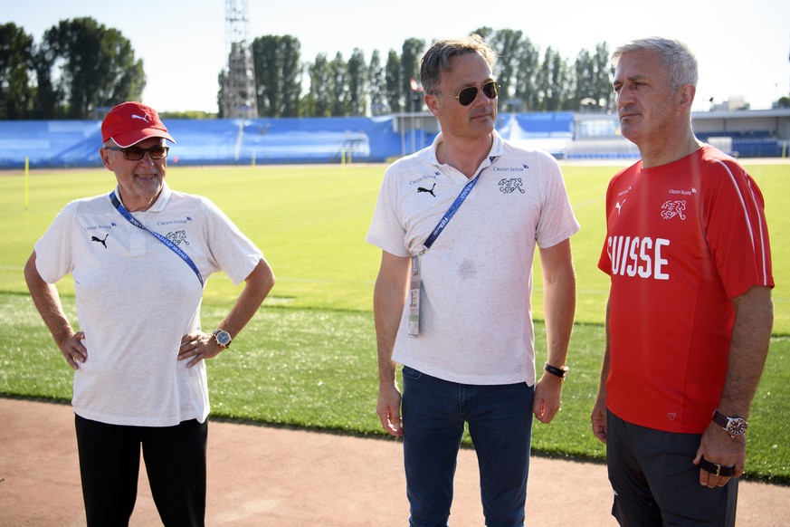 From left, Peter Gillieron, President of the Swiss Football Association, SFV, Alex Miescher, General Secretary of the Swiss Footbal Association, SFA, and Head of Mission and Switzerland&#039;s head co ...