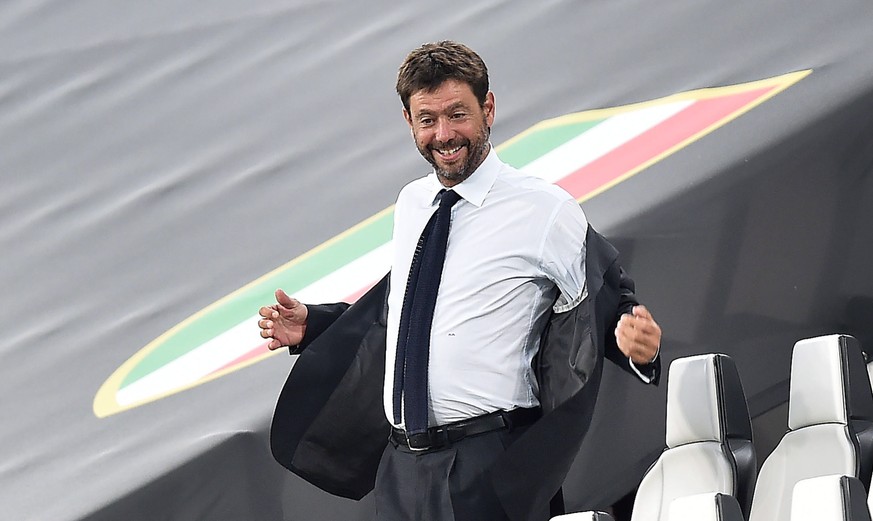 epa08579699 Juventus&#039; president Andrea Agnelli on the grandstands during the Italian Serie A soccer match Juventus FC vs AS Roma at the Allianz stadium in Turin, Italy, 01 August 2020. EPA/ALESSA ...