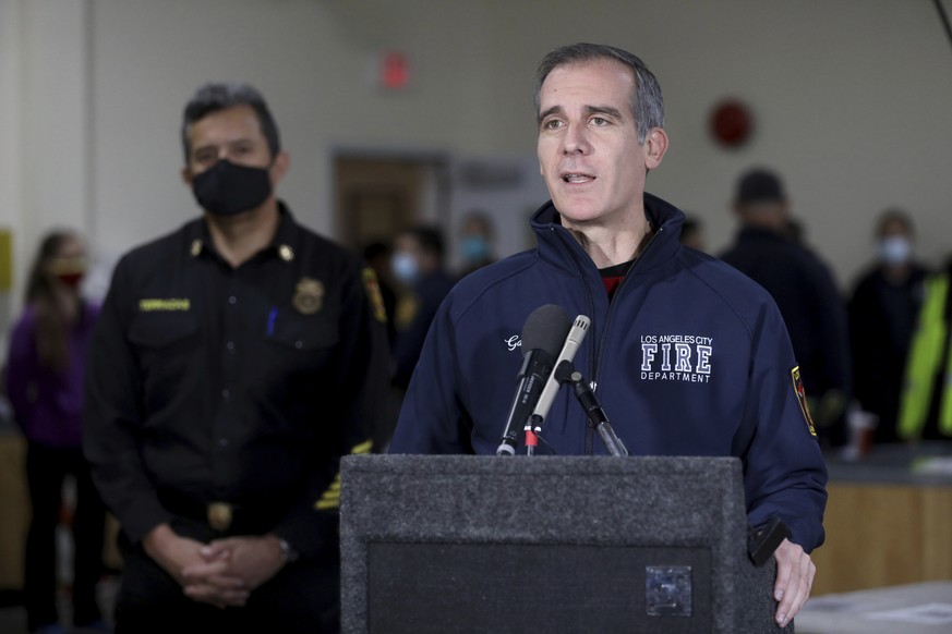 Los Angeles Mayor Eric Garcetti announces the rollout of the Moderna COVID-19 vaccine to be given to Los Angeles Fire Department personnel at LAFD Station 4, Monday, Dec. 28, 2020, in Los Angeles, as  ...
