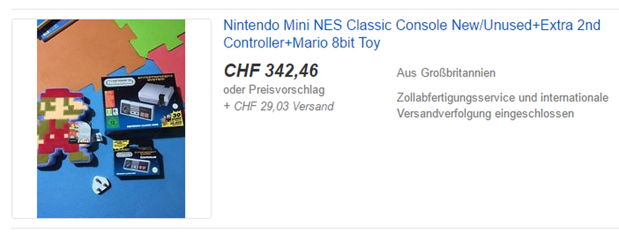 342 Franken für das Nintendo Mini NES mit separatem Zusatzcontroller und einem Mario-Spielzeug.