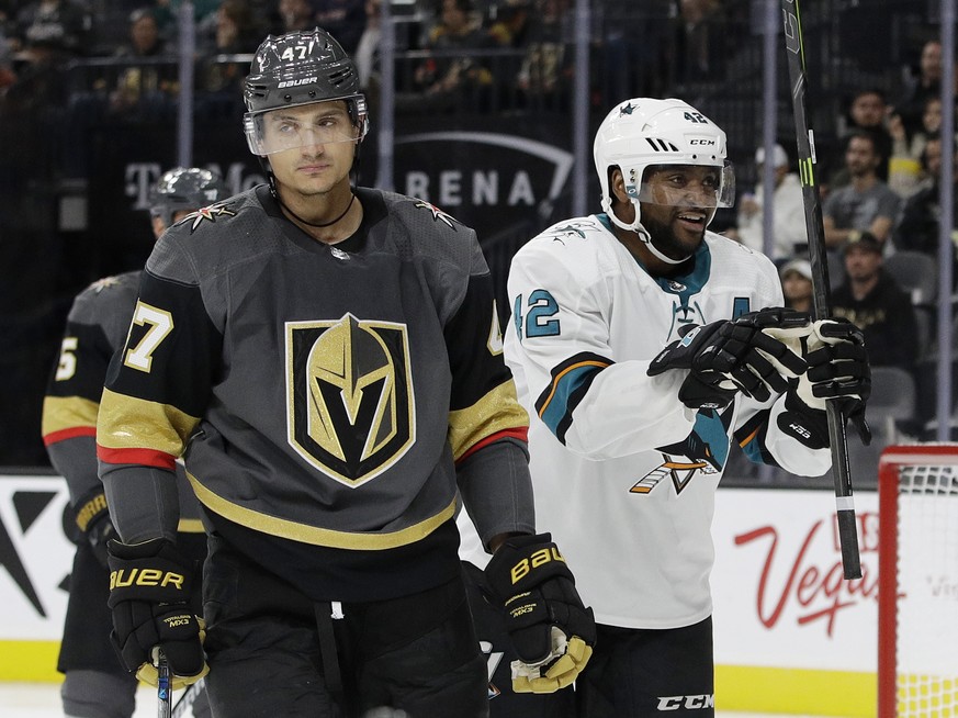 San Jose Sharks&#039; Joel Ward, right, celebrates a teammate&#039;s goal against the Vegas Golden Knights during the second period of an NHL preseason hockey game Sunday, Oct. 1, 2017, in Las Vegas.  ...