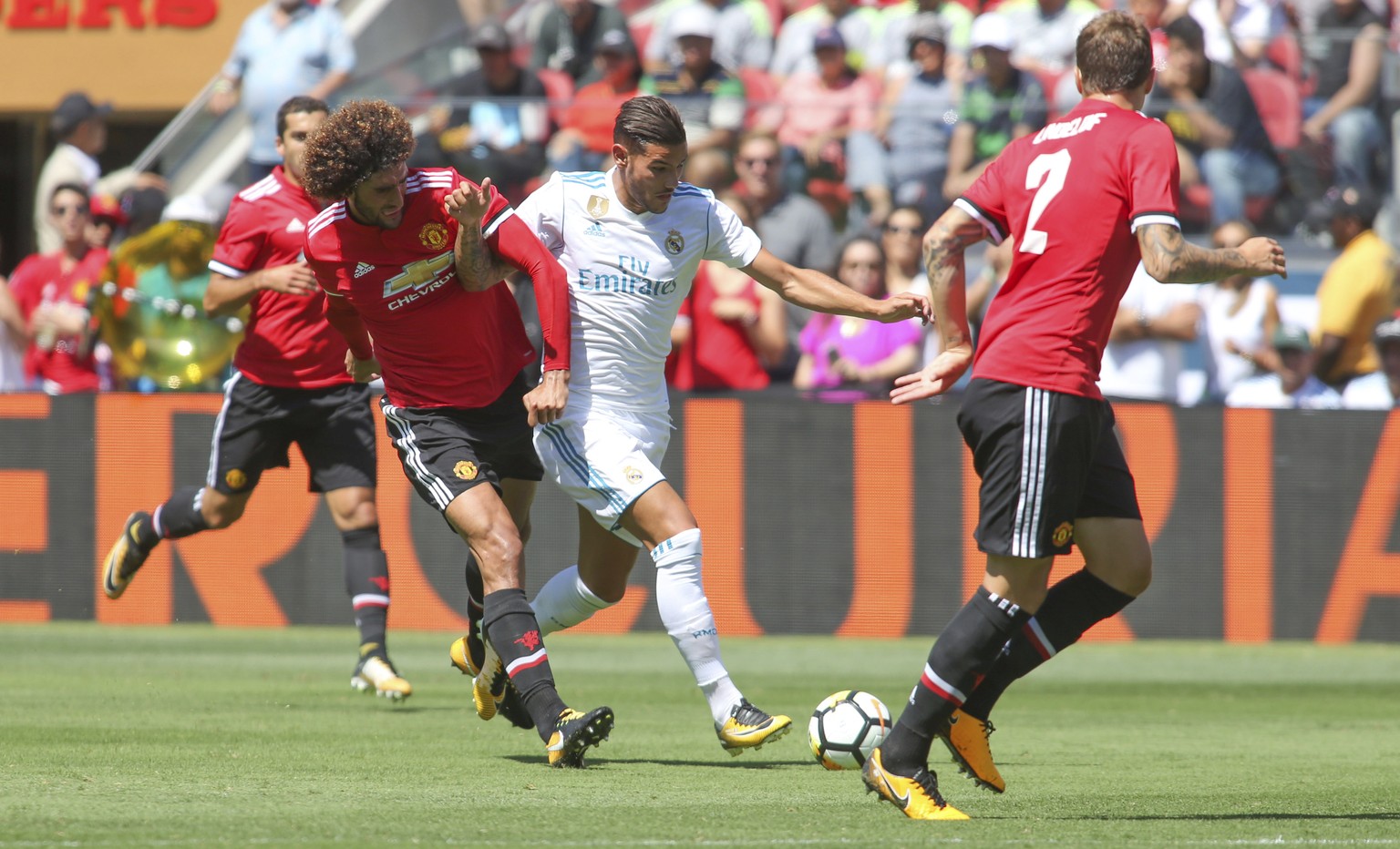 IMAGE DISTRIBUTED FOR INTERNATIONAL CHAMPIONS CUP - Marouane Fellaini, left, of Manchester United fights for the ball with Theo Hernandez of Real Madrid the International Champions Cup at Levi&#039;s  ...