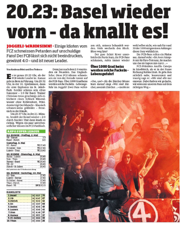 2008: Der «Blick» berichtet über Pyros beim Klassiker FCB gegen FCZ.