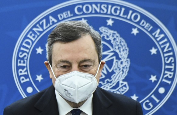 Italy&#039;s Prime Minister, Mario Draghi arrives for a joint press conference with Italy&#039;s Economy Minister and Italy&#039;s Minister for Labour and Social Policy following a Cabinet meeting in  ...