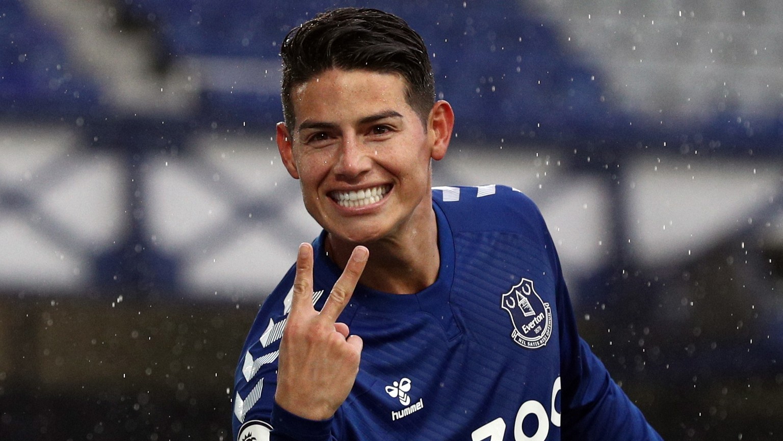 epa08717944 James Rodriguez of Everton celebrates scoring his team&#039;s fourth goal during the English Premier League match between Everton and Brighton in Liverpool, Britain, 03 October 2020. EPA/J ...
