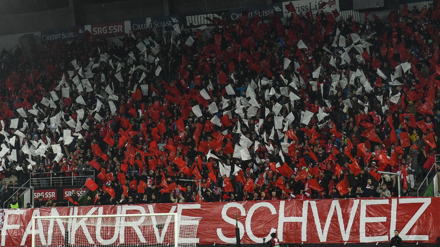 Choreografie by fans of Switzerland prior the UEFA Euro 2020 qualifying Group D soccer match between Switzerland and Georgia at the Kybunpark stadium in St. Gallen, Switzerland, Friday, November 15, 2 ...