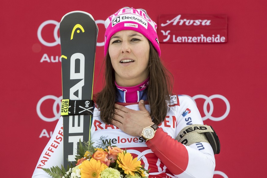 Winner Wendy Holdener of Switzerland celebrates during the podium ceremony after the Slalom run of the women&#039;s Alpine Combined race at the Alpine Skiing FIS Ski World Cup in Lenzerheide, Switzerl ...
