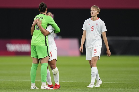 Canada&#039;s Quinn, right, leaves the field celebrate at the end of a women&#039;s soccer match against Chile at the 2020 Summer Olympics, Saturday, July 24, 2021, in Sapporo, Japan. Canada won 2-1.( ...