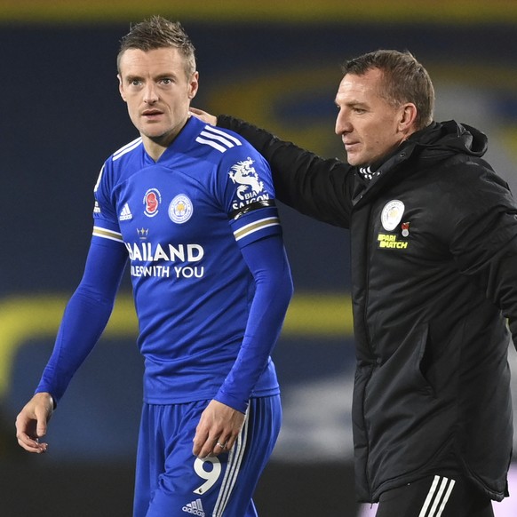Leicester&#039;s Jamie Vardy, left and Leicester&#039;s manager Brendan Rodgers walk from the pitch after the end of the English Premier League soccer match between Leeds United and Leicester City at  ...