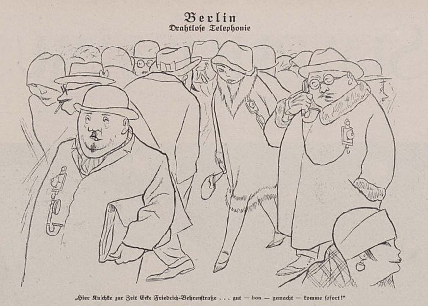 Drahtlose Telefonie, Karikatur von Karl Arnold aus dem Jahr 1926