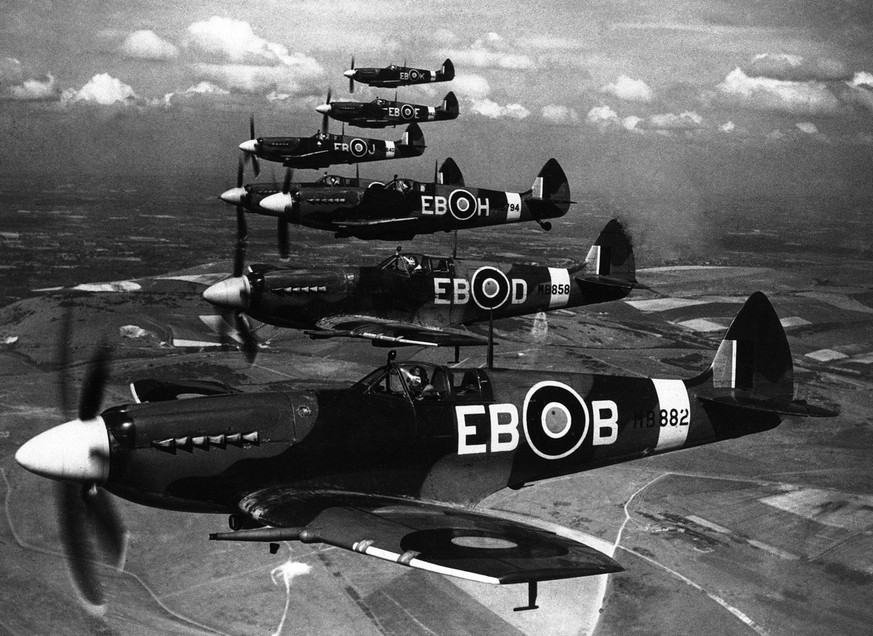 The Spitfire Mark XII, is fitted with Rolls Royce Griffon engine. A formation of Spitfire Mark XIIs in flight, somewhere over England, on April 20, 1944. (AP Photo) (KEYSTONE/AP British Official/)