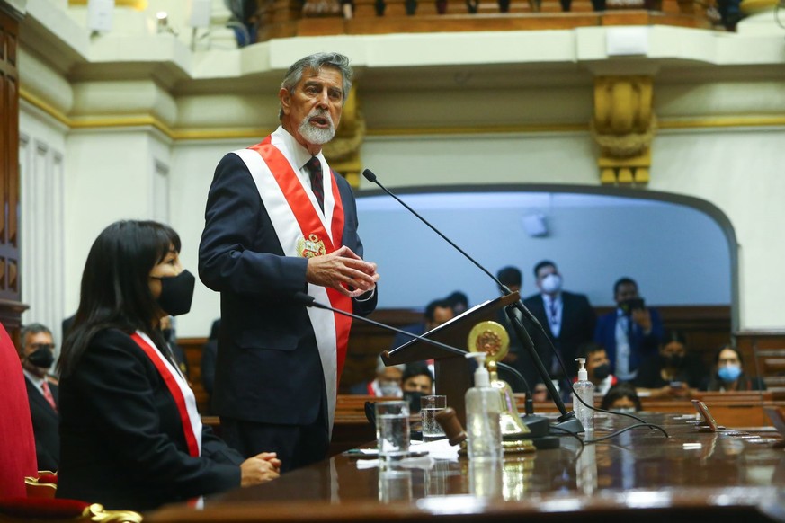 epa08826411 A handout photo made available by the Andean Agency of Francisco Sagasti, who will assume the leadership of the Peruvian State, speaking in Congress, in Lima, Peru, 17 November 2020. The p ...
