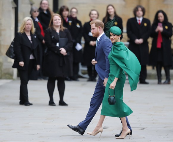 Britain&#039;s Prince Harry and Meghan, Duchess of Sussex arrive to attend the annual Commonwealth Day service at Westminster Abbey in London, Monday, March 9, 2020. The annual service organised by th ...