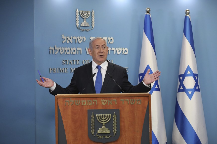 Israel&#039;s Prime Minister Benjamin Netanyahu announces full diplomatic ties will be established with the United Arab Emirates, during a news conference on Thursday, Aug. 13, 2020 in Jerusalem. In a ...