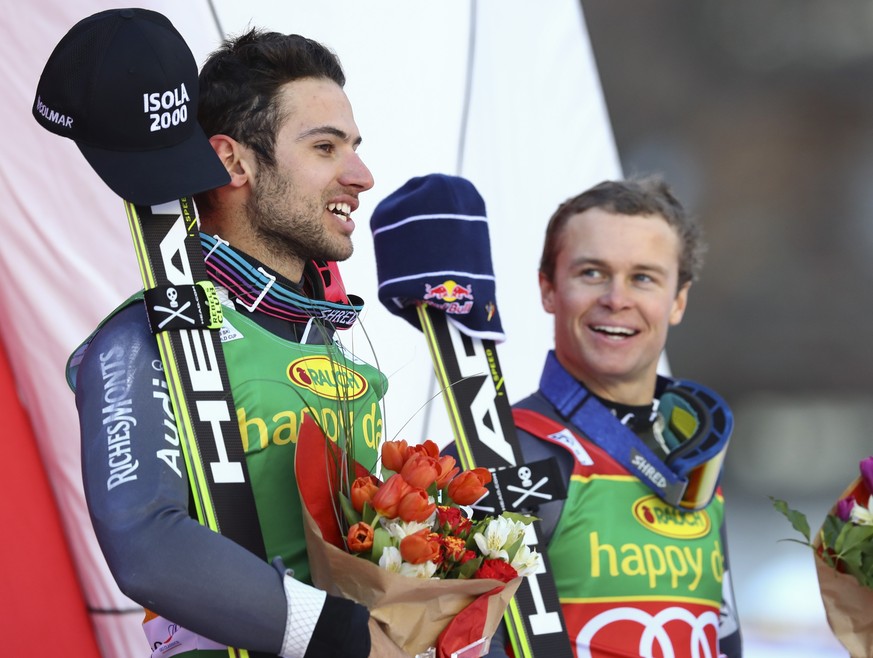 France&#039;s Mathieu Faivre, left, winner of an alpine ski, men&#039;s World Cup giant slalom, poses with third placed France&#039;s Alexis Pinturault, in Val d&#039;Isere, France, Sunday, Dec. 4, 20 ...