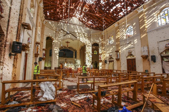 In this Sunday, April 21, 2019, a view of St. Sebastian&#039;s Church damaged in blast in Negombo, north of Colombo, Sri Lanka. Sri Lankan authorities blame seven suicide bombers of a domestic militan ...