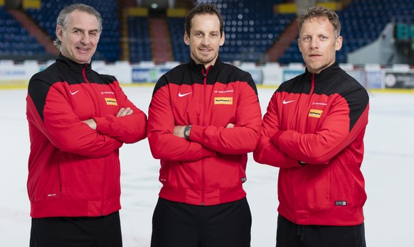 ALS VORSCHAU ZUM AUFGEBOT DES SCHWEIZER KADERS ZUR EISHOCKEY-WM IN MOSKAU VOM 6. BIS 22. MAI 2016, STELLEN WIR IHNEN FOLGENDES BILDMATERIAL ZUR VERFUEGUNG - Portrait of the coaching trio Felix Hollens ...