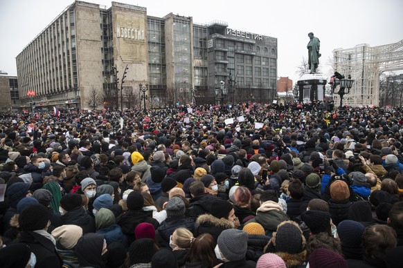 People gather in Pushkin Square during a protest against the jailing of opposition leader Alexei Navalny in Moscow, Russia, Saturday, Jan. 23, 2021. Russian police on Saturday arrested hundreds of pro ...