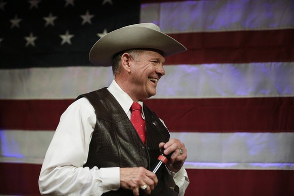 Former Alabama Chief Justice and U.S. Senate candidate Roy Moore speaks at a rally Monday, Sept. 25, 2017, in Fairhope, Ala. (AP Photo/Brynn Anderson)