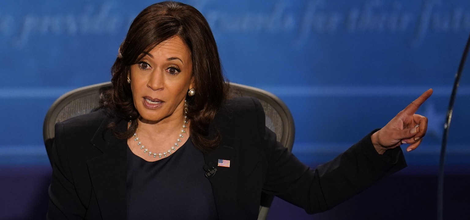Democratic vice presidential candidate Sen. Kamala Harris, D-Calif., responds to Vice President Mike Pence during the vice presidential debate Wednesday, Oct. 7, 2020, at Kingsbury Hall on the campus  ...