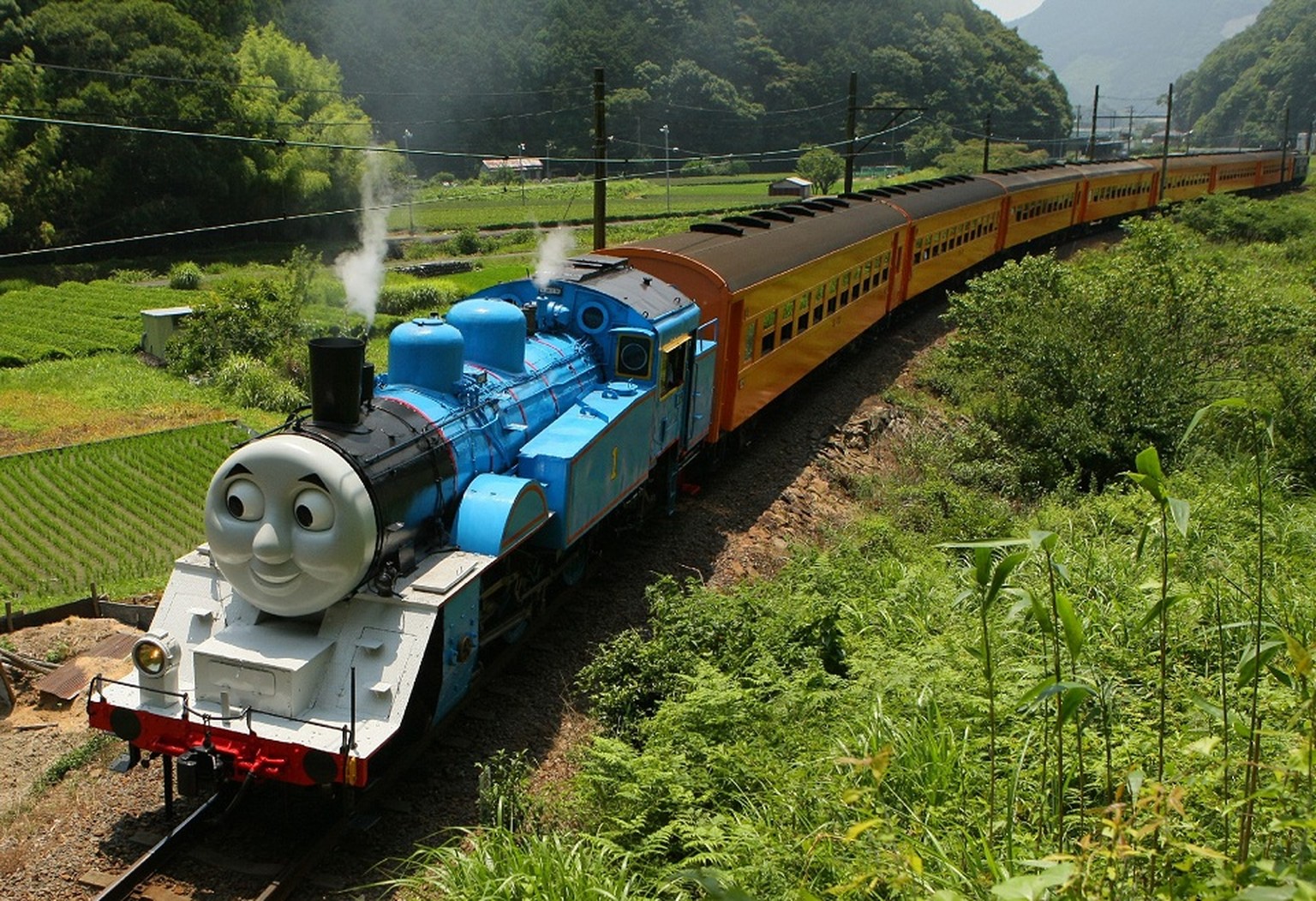 This picture taken on July 2, 2014 shows a life-sized Thomas the Tank Engine making a test run in the mountains on a line run by Japan&#039;s Oigawa railway near the city of Shimada in Shizuoka prefec ...