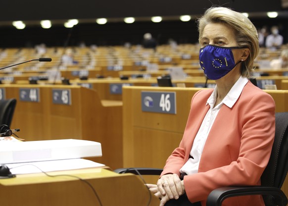 European Commission President Ursula von der Leyen waits for the start of a debate on Turkey at the European Parliament in Brussels, Monday, April 26, 2021. European Council President Charles Michel a ...