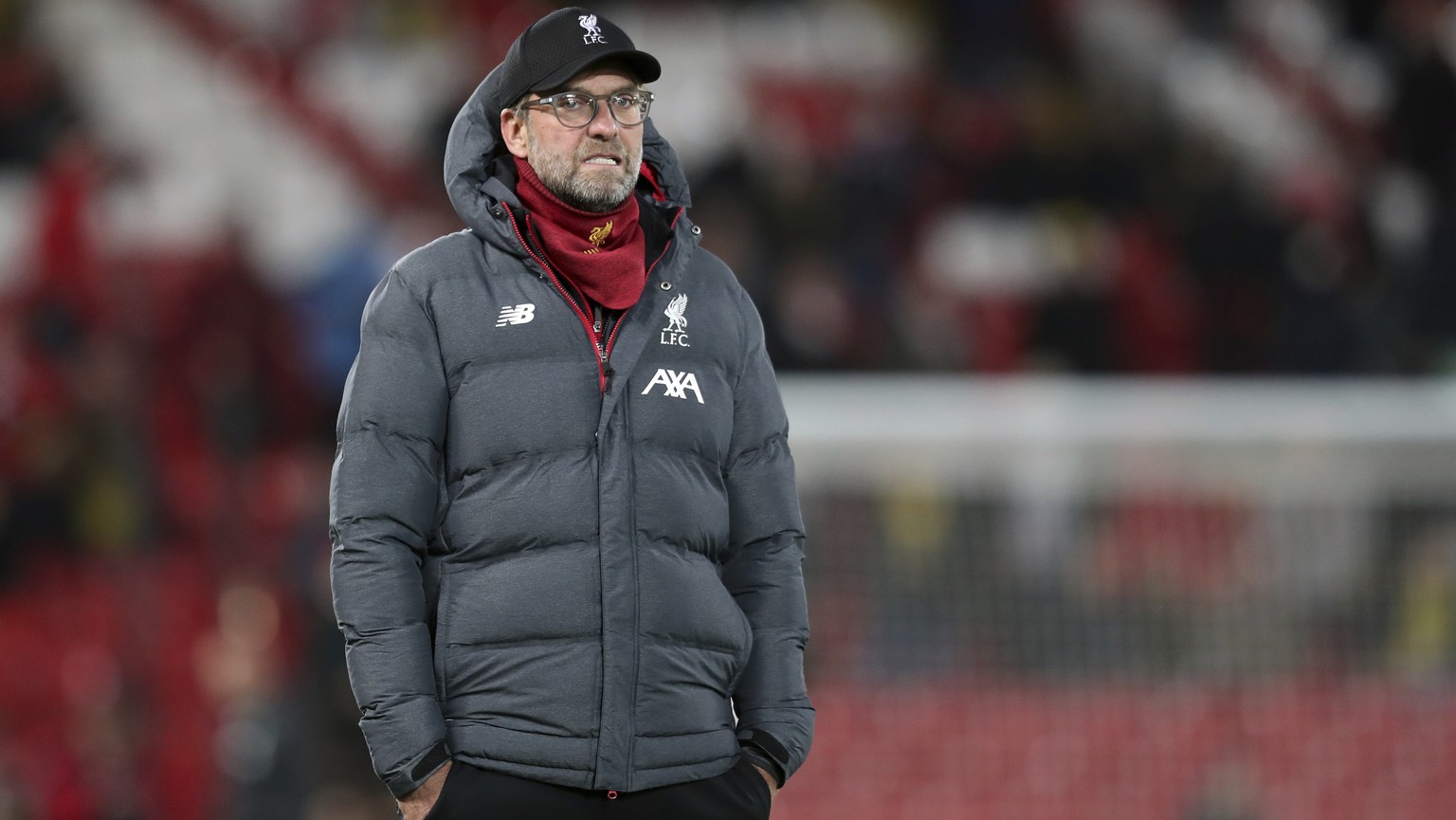 Liverpool&#039;s manager Jurgen Klopp looks on warm up before the English League Cup soccer match between Liverpool and Arsenal at Anfield stadium in Liverpool, England, Wednesday, Oct. 30, 2019. (AP  ...