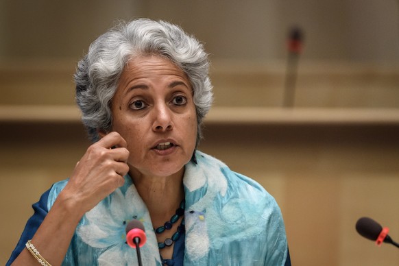 epa08525445 World Health Organization (WHO) Chief Scientist Soumya Swaminathan attends a press conference organized by the Geneva Association of United Nations Correspondents (ACANU) amid the COVID-19 ...