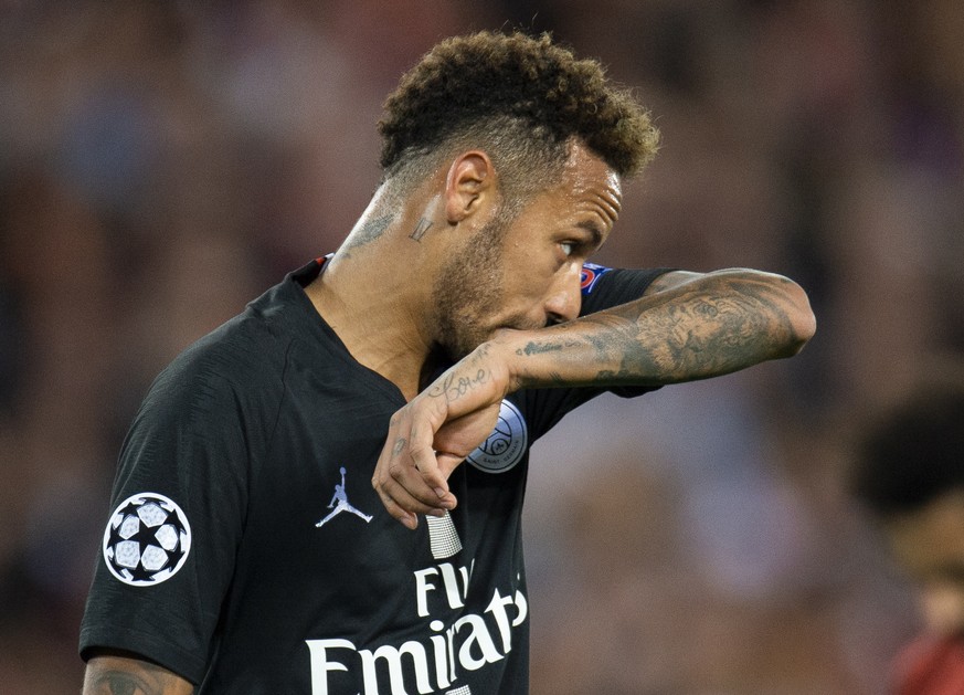 epa07031083 Paris Saint-Germain&#039;s Neymar reacts during the UEFA Champions League Group C soccer match between Liverpool and Paris Saint-Germain held at the Anfield in Liverpool, Britain, 18 Septe ...