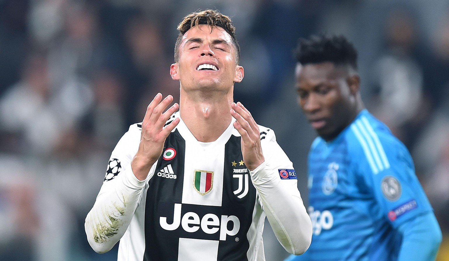 epa07510947 Juventus Cristiano Ronaldo reacts during the UEFA Champions League quarter final, second leg, soccer match between Juventus FC and Ajax Amsterdam in Turin, Italy, 16 April 2019. EPA/ALESSA ...